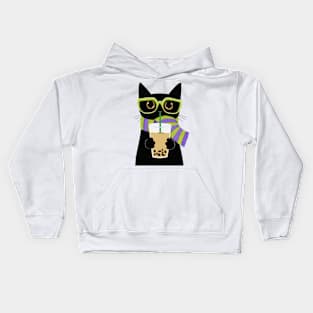 Lazy Black Cat Drinking Milk Tea Kids Hoodie